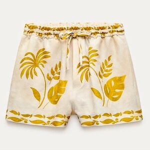Zara Linen Shorts with Tropical Yellow Floral Design